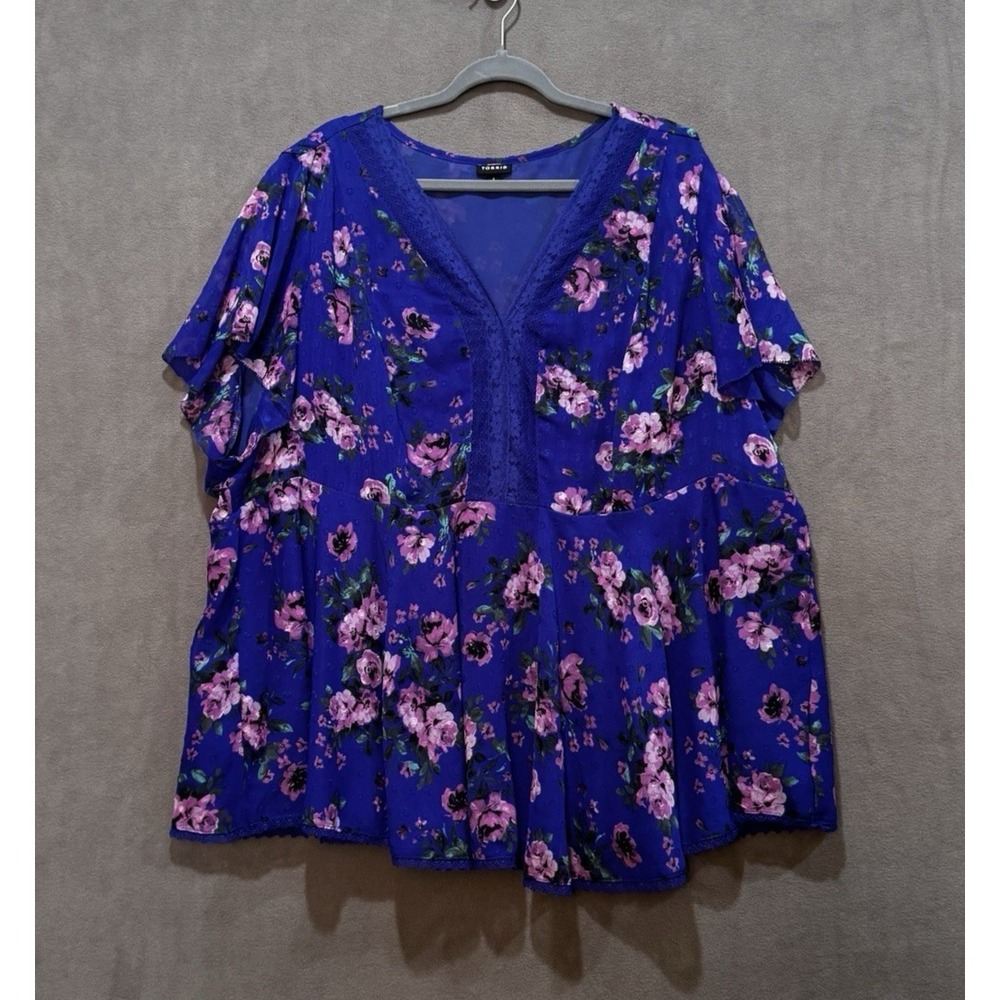 Torrid Blue Pink Floral‎ Lace Trim Peplum Babydoll Chiffon Blouse Plus Size 4 4X
